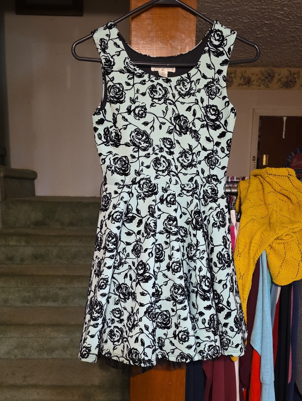 Knitworks Mint and Black Floral Fit-and-Flare Dress